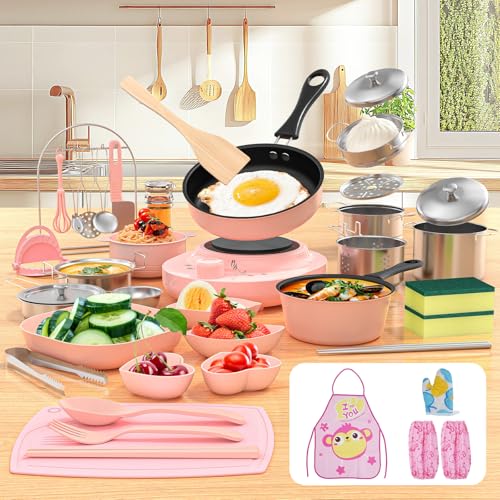 Gotoofun Kid Cooking Sets Real Mini Kitchen, Food Making for Beginner Children 8 9 10 11 12 Boys Girls Cooking Educational Toys, Junior Easy Safe MontessoriTools Dishes Knife Set-Pink