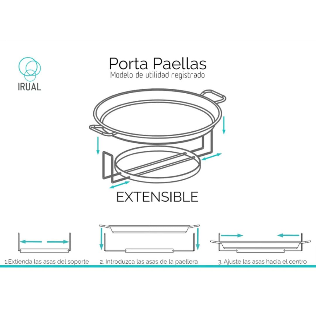 Porta Paellas Extensible de Acero Inoxidable – De 32 a 55 cm – Soporte Estable y Salvamanteles para Paellas – Agarre Seguro – Ideal para Servir y Presentar Arroces (i32)