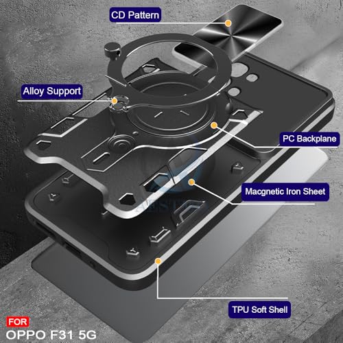 Image of AESTMO Armor Oppo F31 / F33 5G Bumper Back Case Cover | Ring Holder & CD Pattern Sliding Camera Shutter Cover | Back Case Cover for Oppo F31 / F33 5G (Black)