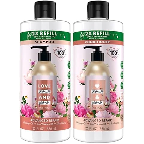 Love Beauty Planet Shampoo and Conditioner, Advanced Repair, Moringa Oil, Pro-Vitamin B5, Peony - Sulfate-Free Shampoo & Conditioner for Damaged, Dry Hair, Scented, Refill, 22 Oz (2 Piece Set) Cover