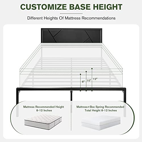 Muticor Queen Size Bed Frame With Geometric Leather Headboard, Heavy Duty Metal Platform Bed With Strong Metal Support, Ample Underbed Storage, No Box Spring Needed, Easy Assembly, Noise Free #TOP6