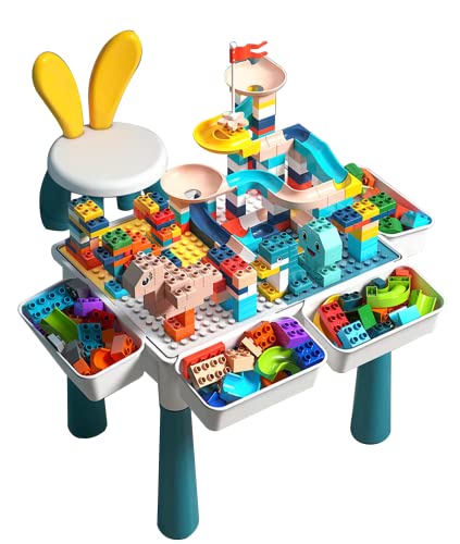 Mesa de actividades para niños: juego de 216 piezas grandes DIY + 142 bloques de construcción para tobogán + 4 cajas de almacenamiento + 4 elevadores de mesa + 1 silla Cover