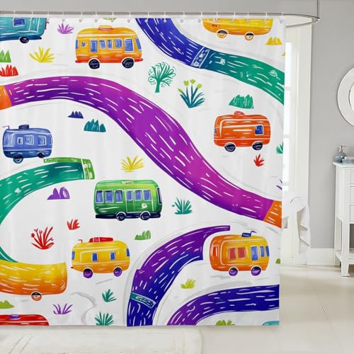 RV Camper Shower Curtain,Happy Camping Adventure Watercolor