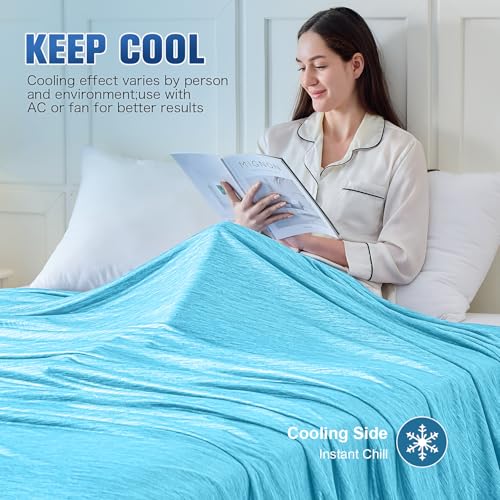Image of KMUSET Cooling Blanket Throw (50 inchx60 inch), Double Sided Summer Cooling Blankets for Hot Sleepers & Night Sweats, Breathable Lightweight Blanket for Beach, Sofa Bed Couch, Gifts for Women Men Sky Blue