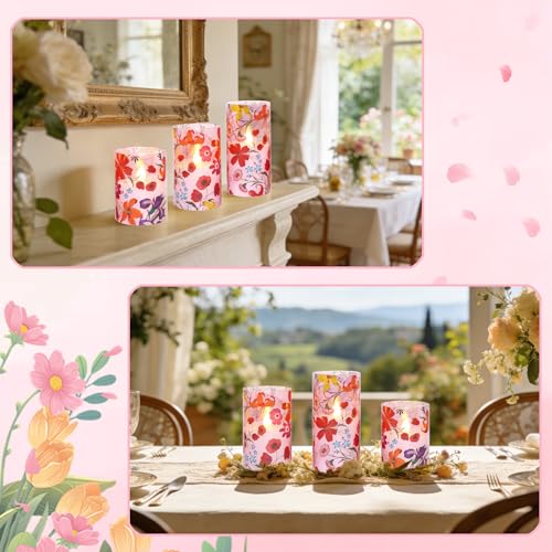Image of Flameless Candles Glass with Remote Control & Timer Function, Red Multicolor Flower Design LED Candles, Home Party Wedding Christmas Spring Summer Decor, Set of 3