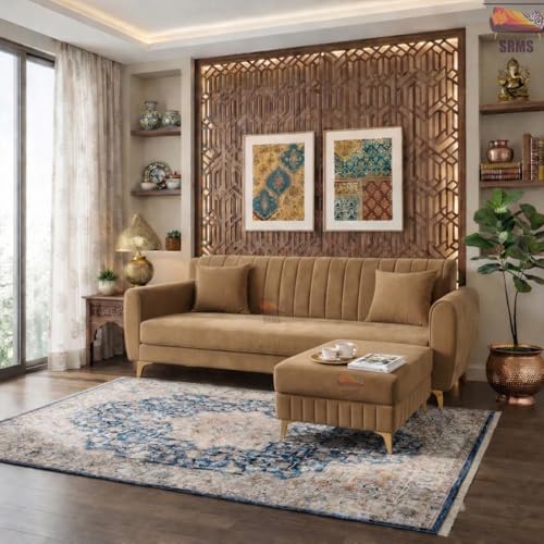Image of SRMS Golden Legs 4 Seater L Shape Velvet Fabric Sofa Set with Four Cushions | Perfect for Home Office Guests Living Room | Sofa Set for living Room | 74 x 32 x 30 inches | Light Brown