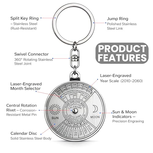 Image of Storite 50 Years Calendar Key Chain || Rotating Perpetual Calendar Key Ring ll Metal Keychain || Keychain For Bike Car Bag Silver
