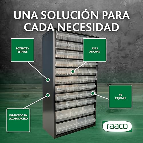 Miniatura 4 de Raaco C12-40, Organizador De Tornillos Con 40 Cajones, Capacidad 36 Kg, 15 X 30,6 X 55,2 Cm, Acero Recubierto, Apto Para Montaje En Pared, Clasificador De Tornillos Y Pequeñas Piezas Para Taller