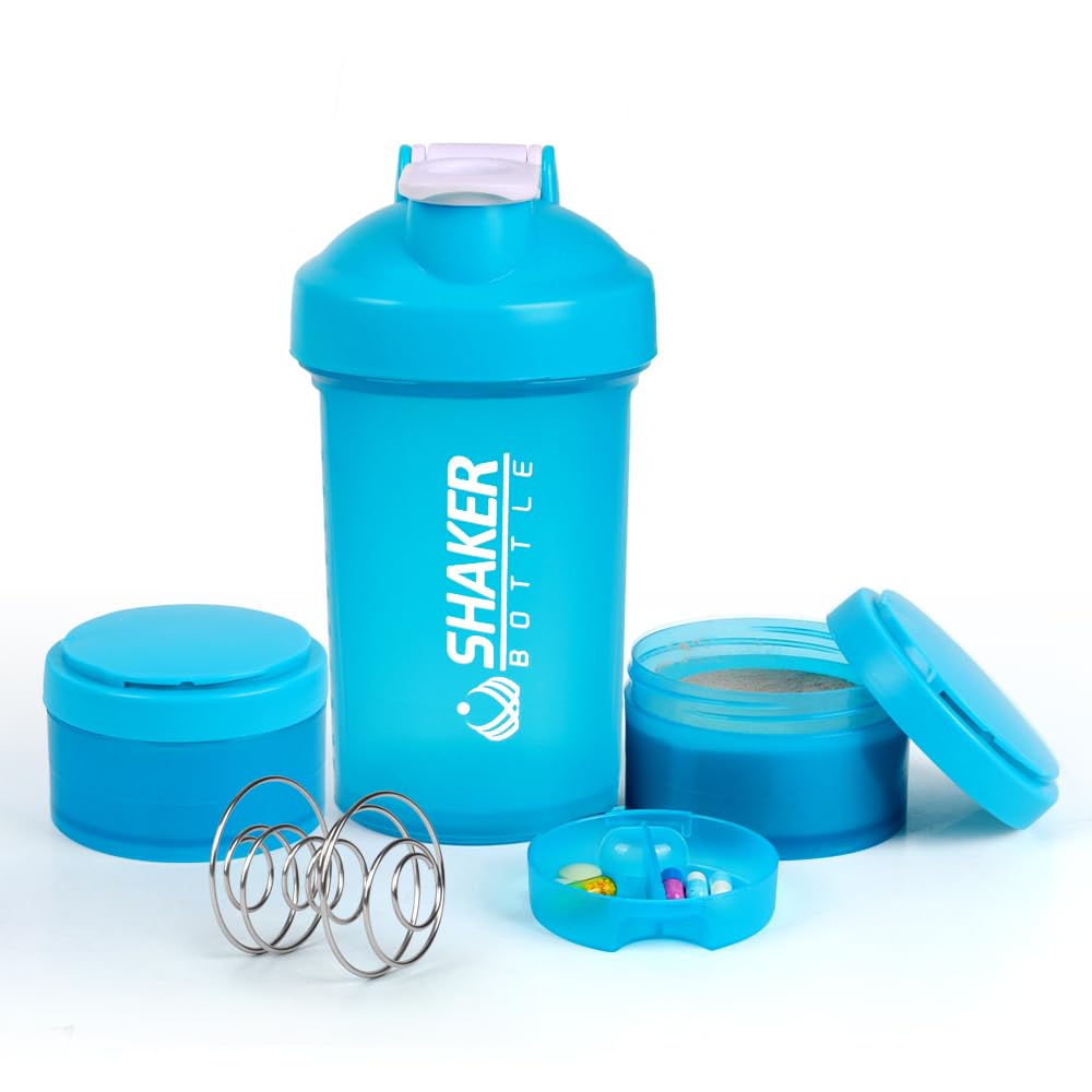 VECHProtein Shaker Bottle -16oz Shaker Cup - 500ml Shaker Bottle for Protein Shakes with Mixing Ball - Leak Proof GYM Shaker Bottles for Workout with Supplement Storage & Pill Tray -Bpa Free （Blue）