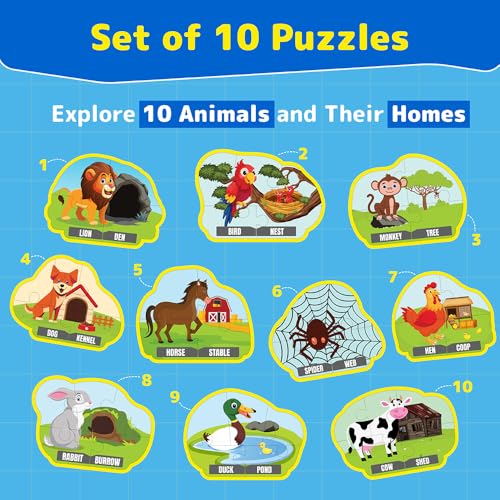 Image of Kids Puzzleup Learn Animal Homes,10-In-1 Entry Level Puzzle,45 Big Size Jigsaw Pieces,Montessori Educational Toy To Improve Memory & Unlock New Words,Gift For Boys & Girls Age 3,4 & 5 Yrs