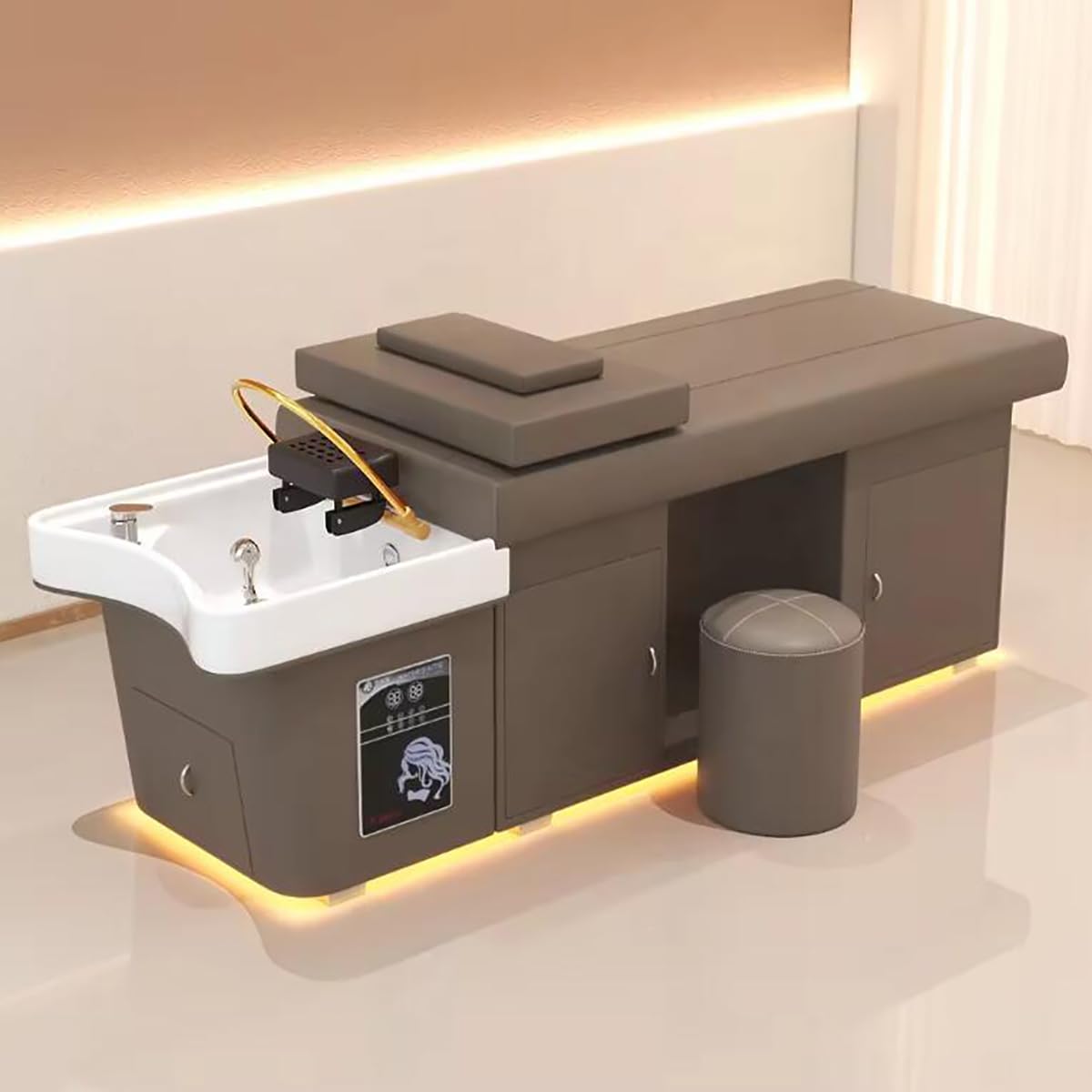 Lavabo de Salón, Camilla y Silla para Champú, Lavabo Acrílico Blanco, Reposacabezas Cómodo y Estructura Resistente, Color Gris.