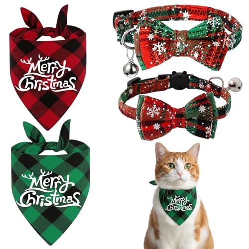ZHLKHIOP 4-Piece Holiday Set,Christmas Sweater for Cat, Festive Pet Outfit with Bandana Collar, Soft Polyester Material, Holiday Photo Ready