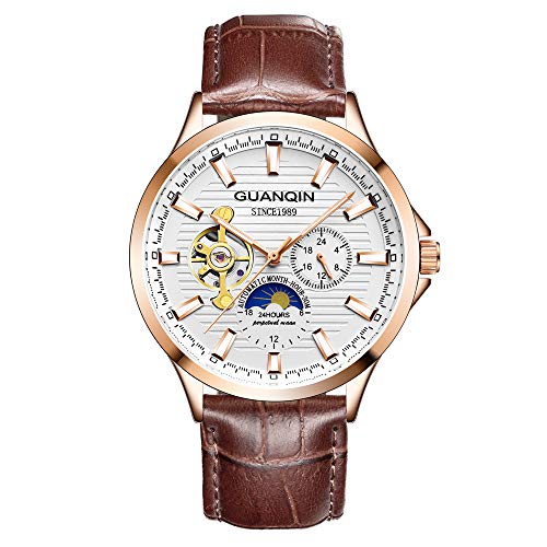 Guanqin Men Analog Automatic Self Winding Mechanical Wrist Watch with Leather Band Moon Phase Luminous Pointer (Rose Gold White Brown)