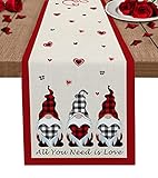 Valentines Table Runner 36 inches Long Valentines Day Buffalo Plaid Gnome Red Heart Pattern Table...