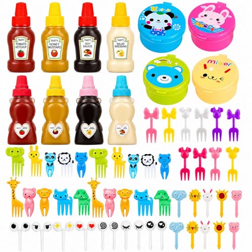 WXOIEOD 72 Pack Lunch Box Accessories Including Mini Ketchup Bottle Bear Shaped Condiment Squeeze Bottles Small Sauce Containers Animal Food Picks for Travel Bento Box Picnic