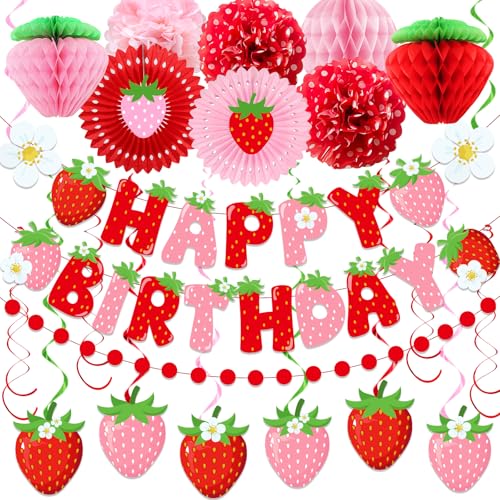 Image of Strawberry Birthday Decorations for Girls, Red Pink White Strawberry Birthday Banner with Tissue Pom Poms Fans Honeycomb Balls Polka Dot Garland and Hanging Swirls Berry Hanging Decor Centerpieces