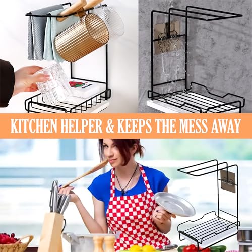 Image of Livzing 2-in-1 Metal Kitchen Sink Organizer & Towel Rack - Metal Sponge & Soap Holder with Drip Tray for Kitchen Sink, Countertop or Wall-Mount Kitchen Storage Rack - Free-Standing Rack