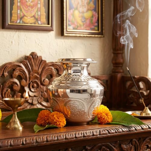 Image of Brass Ashtalakshmi 7 Inch German Silver Finish Kalash 2Ltr Capacity Puja Lota for Pooja Mangal Pot for Home Temple Decoration Hindu Religious Water Vessel