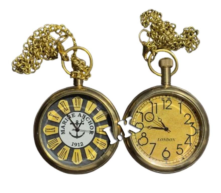Antique Gold Brass Dial - Antique Pocket Watch Look Indian Gift Item Handmade Marine Pack of 2-image-10
