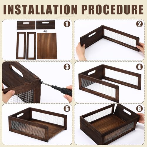 4 Pcs Wooden Countertop Baskets for Kitchen Bathroom, Easy Self-assembly Rustic Nesting Boxes with Handle and Wire Mesh, Multipurpose Wooden Crates for Fruit, Include Screws (Medium,Burnt Wood Finish) by Kathfly - Image 4
