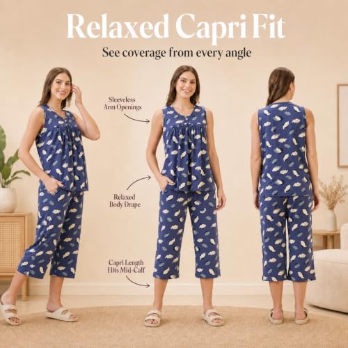 Image of AV2 Women's Cotton Printed Round Neck Sleeveless Night Suit Set | Capri Set | Casual Night Dress for Women