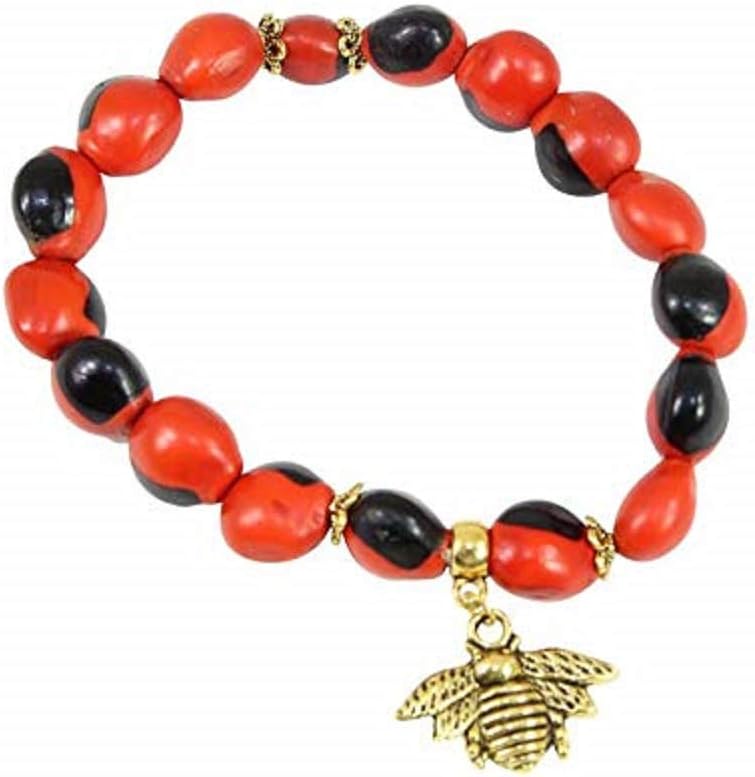 EVELYN BROOKS Gold Queen Bee Charm Stretchy/Adjustable Bracelet for Women - Symbol of Dignity & Wealth - 6.5” - 7.5”- w/Meaningful Peruvian Huayruro Seed Beads - Great Gifts for HER