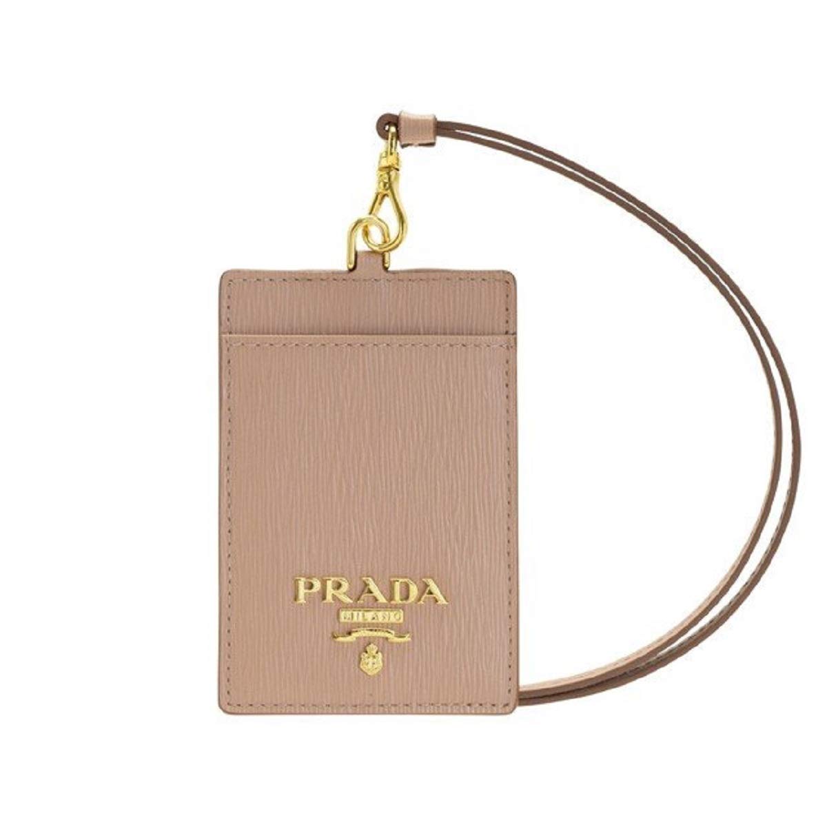 Prada Vitello Move Beige Leather Logo Plaque Lanyard Cardholder Wallet Gold Tone Hardware ID Holder Moire Lining Made