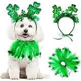 2 Pcs St. Patrick's Day Dog Costume Shiny Green Headband Puppy Collars Elastic Fancy Shamrock Tutu Irish Dog Clothes for Medium Pet Cats Girl Party Outfit Holiday Dress (Large, Irish Headband Collar)