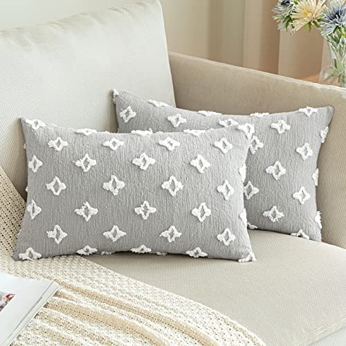 ANRODUO Pack of 2 Grey Boho Decorative Throw Pillow Covers with Tufted Rhombic Jacquard for Room Decor Boho Pillow Covers Decorations 12x20 Cute and Soft Pillowcase for Couch Sofa Bed and Living Room