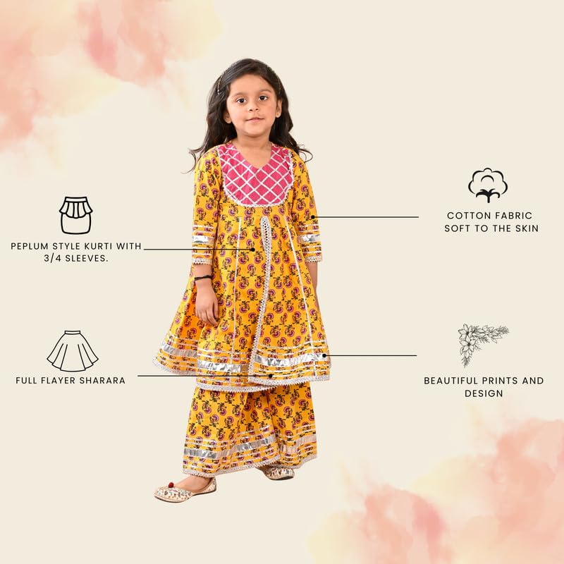 Image of superminis Girls Cotton Floral Printed Gotta Work 3 /4 Sleeves Sharara Suit Ethnic Wear Set