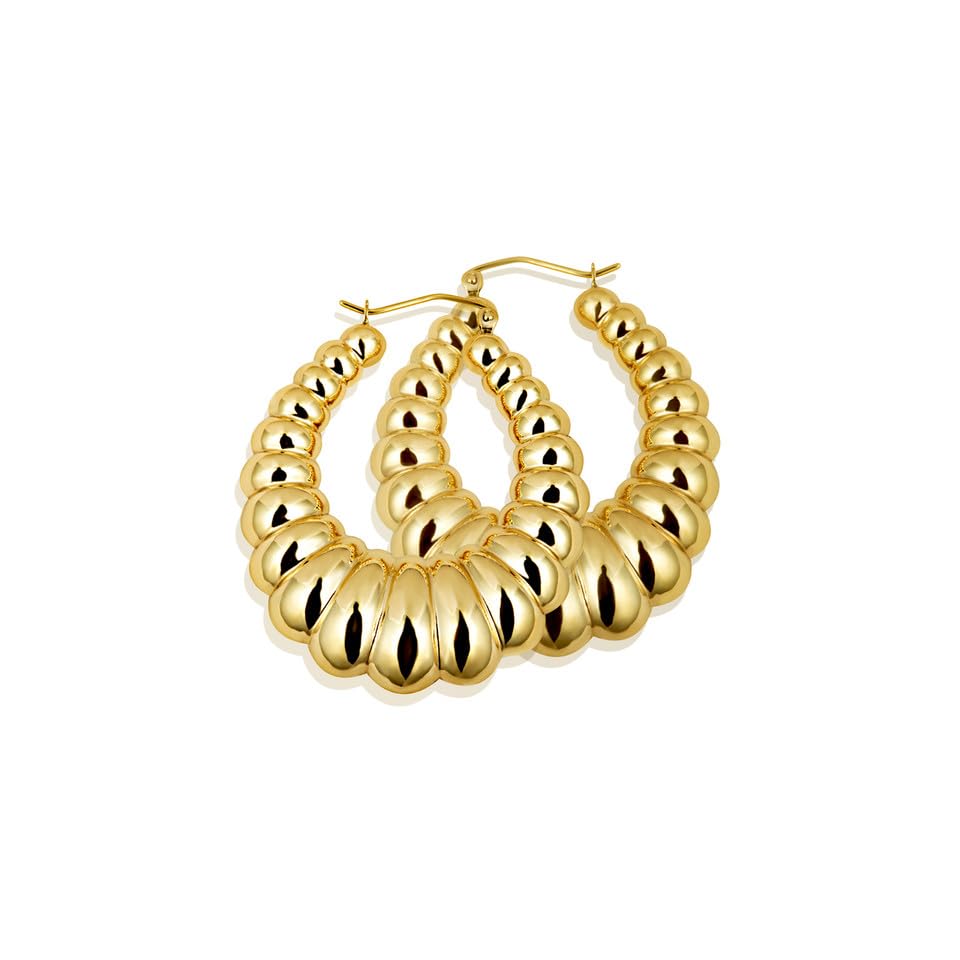 Ladies 14K Yellow Gold Reversible Croissant Ribbed Hoop Earrings, 6-8.5mm Thick 24-33.5mm Diameters