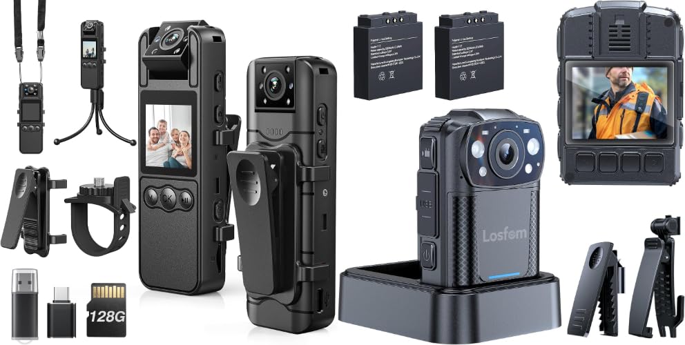 Z11 Body Camera with Audio and Video Recording, 128GB Small Body Cam with 180° Rotating Lens, 6HR Battery & Night Vision and WD11 2K Body Camera with 2PCS 2000mAh Batteries and Charging Base