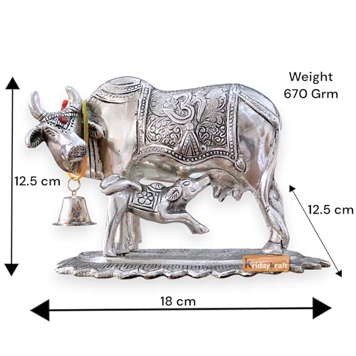 Image of KridayKraft Metal Om Kamdhenu Cow and Calf Metal Statue for Good Luck,Feng Shui As Table Top Figurine,Vastu,Religious Gau MATA Idol Home,Office&Table Decorative,Animal