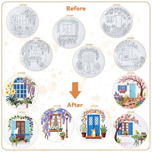 Image of BEUNITONE 6 Set Flowers Embroidery Kit for Beginners Vintage Garden Scene Pre-Stamped Pattern, Needlepoint Kits for Adults Beginners, DIY Handmade Embroidery for Home Decor and Gifts 20x20cm