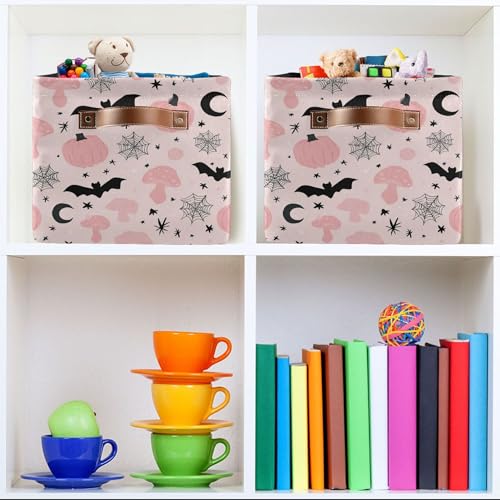 Image of Happy Halloween Pink Storage Basket with Waterproof Liner and PU Handles Pumpkin Bat Moon Mushroom Storage Bins Boxes 14.2 inch Collapsible Decorative Organizer Baskets for Bedroom Closet Office 2 Pack