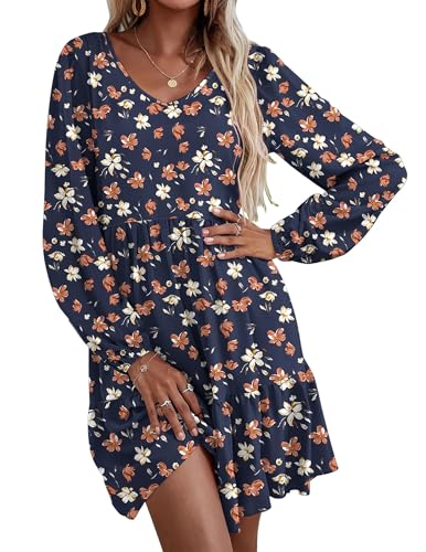 HOTOUCH Womens Casual A Line Dress V Neck Tiered Long Sleeve Fit Swing Dress with Pockets Loose Ruffled Dresses
