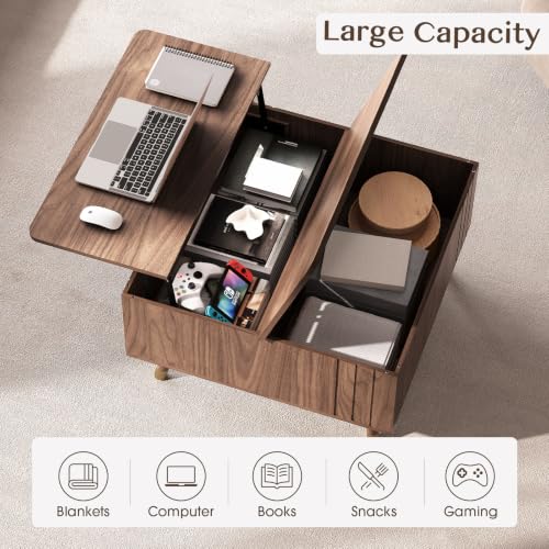Image of JOINICE Square Lift Top Coffee Table with Storage for Living Room,Walnut | 32 inch Multi-functional Pop Up Center Table,Large Hidden Compartments with Solid Wood Legs,Lift to 23 inch,Hold 100lbs,Easy Assembly