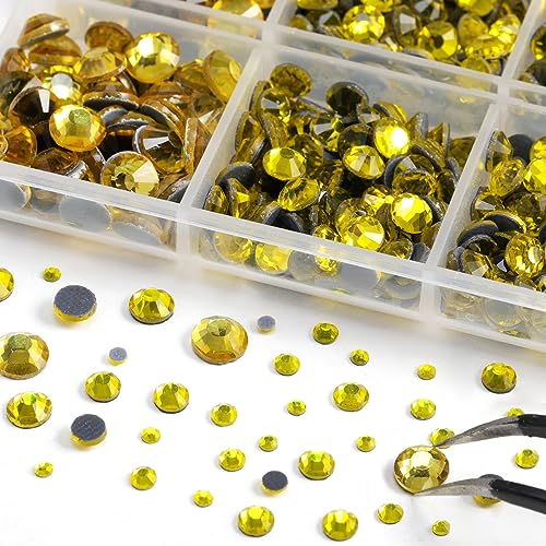 Image of 6736pcs Hotfix Rhinestones Flatback, Yellow Rhinestones for Crafts Clothes Mixed 5 Sizes, Hotfix Crystals with Tweezers and Wax Pencil Kit, SS6-SS30, Lemon Yellow