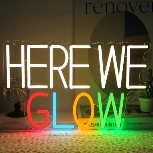 Image of Here We Glow Neon Sign Congrats Grad LED Light for Prom Night Party Decor | Dimmable Letter Neon Lights for Bedroom, Prom Light Up Signs, Acrylic Wall Art, USB Powered, Graduation Backdrop Decor, Gifts
