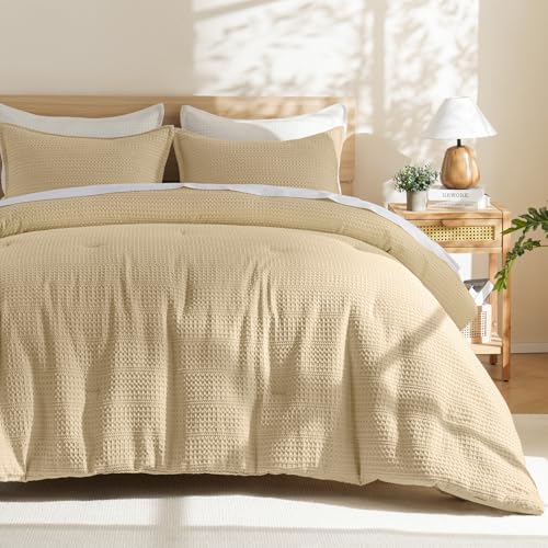 Image of PHF Soft Waffle Comforter Set King Size- Comfy Breathable Waffle Weave Comforter with 2 Pillow Shams, 3 Pieces Less Snagging Lightweight Textured Bedding Set for All Season, Light Khaki
