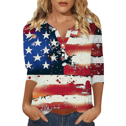 4th of July Shirts for Women Henley V Neck Button 3/4 Sleeve Tops Independence Day American Flag Printed T Shirts2