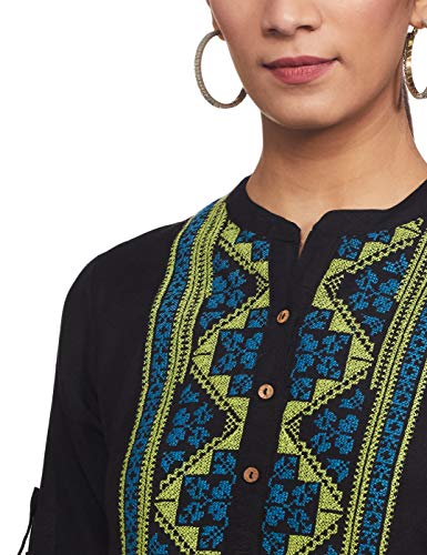 Image of Haute Curry by Shoppers Stop Womens Mandarin Collar Embroidered Kurta