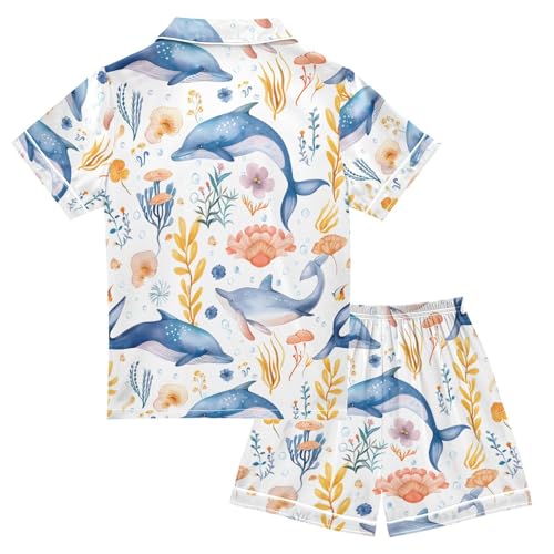 ALAZA Dolphin Flower Leaves Pajamas Satin Pajama Set Short Sleeve Button Down Sleepwear2