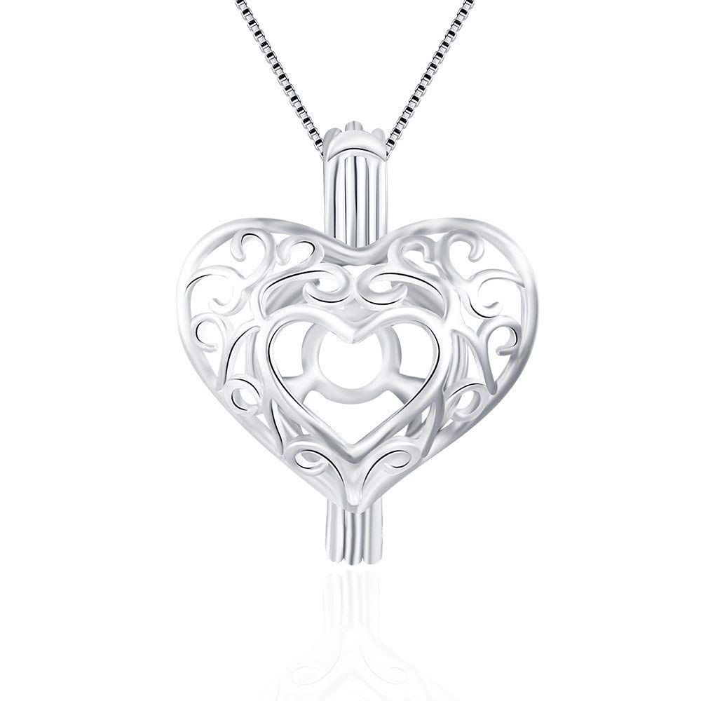 925 Sterling Silver Pattern Heart Pendant Necklac for Pearl Jewelry, Pearl Cage for Women Jewelry, Essential Oil Lockets for Women Men