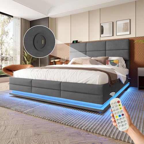 OKimmy Polsterbett Doppelbett 180x200cm, mit LED-Beleuchtung, Zweiseitige USB/Type-C-Ladefunktion, hydraulischem Stauraum, Bettgestell mit verstellbarem Kopfteil, mit Lattenrost Ohne Matratze, Grau OKimmy Polsterbett Doppelbett 180x200cm, mit LED-Beleuchtung, Zweiseitige USB/Type-C-Ladefunktion, hydraulischem Stauraum, Bettgestell mit verstellbarem Kopfteil, mit Lattenrost Ohne Matratze, Grau