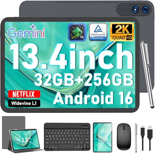 Image of 13 Inch Tablet with Keyboard, Android 16 Tablet, 32GB+256GB+2TB Expand, 1920x1200 IPS Display, Gemini AI, 10000mAh, 8-Core, Wi-Fi, GPS, Large Screen Tablet PC with Case, Mouse, Stylus(Silver Case)