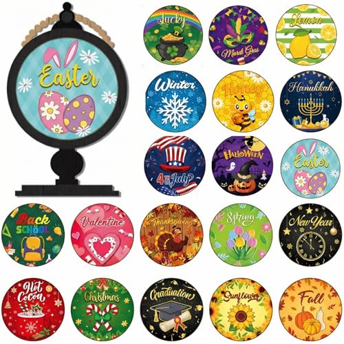 RattanView 21 Pcs Wooden Seasonal Decor Interchangeable Holiday Signs for Tiered Tray Farmhouse Table Centerpiece Mantel Desk All Year Decor for Winter Fall Valentine Home Decoration Gifts