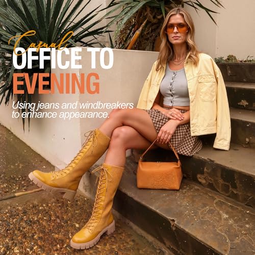 Image of Vepose Women's 953 Knee High Combat Boots Chunky Platform Heel, Lace Up Gothic Punk Work Boots for Dresses and Jeans