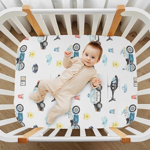 Image of Police Cars Plane Crib Sheets Soft Breathable Fitted Baby Crib Sheets Mattress Cover for Girl Boys, 52 inch x 28 inch x 9 inch