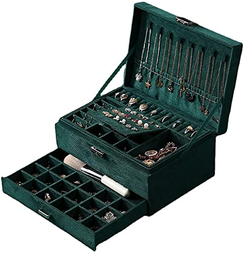 Lucario Easy-To-Use Jewelry Storage Box New 3layers Green Flannel Stud Jewelry Organizer Large Ring Necklace Makeup Holder Cases Velvet Jewelry Box with Lock Women (Color : Green)